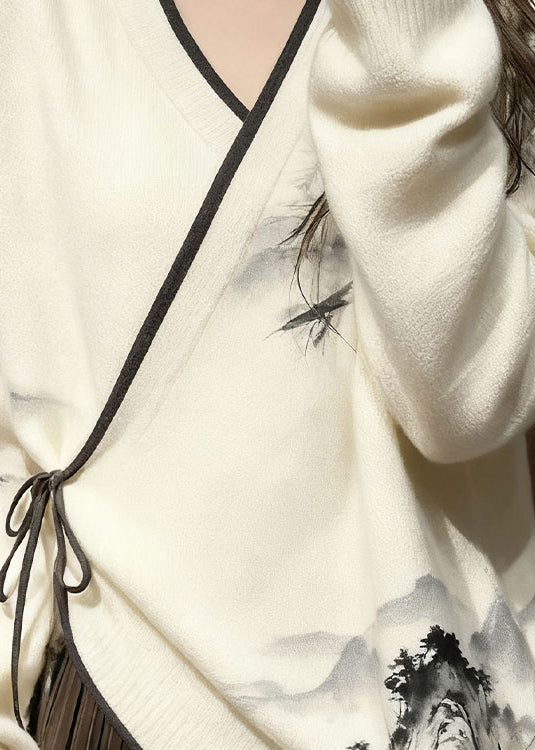 Neuer weißer Strickpullover mit V-Ausschnitt und Schnürung im Frühlingsstil mit Landschaftsmotiv