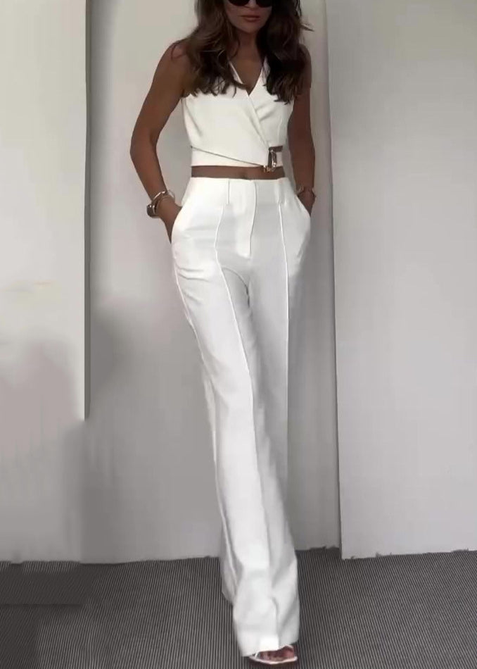 Neu Weiß V-ausschnitt Taschen Solide Baumwolle Zwei Stücke