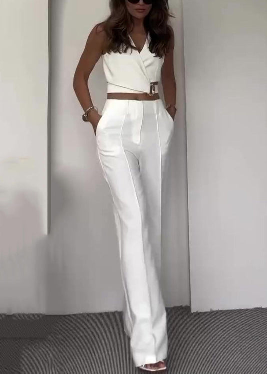 Neu Weiß V-ausschnitt Taschen Solide Baumwolle Zwei Stücke