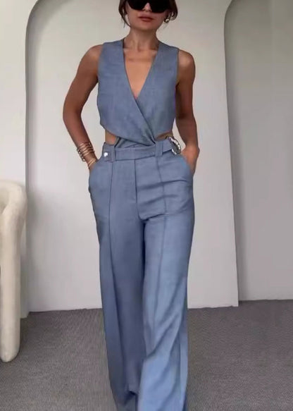 Neu Weiß V-ausschnitt Taschen Solide Baumwolle Zwei Stücke