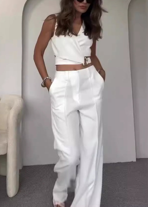 Neu Weiß V-ausschnitt Taschen Solide Baumwolle Zwei Stücke