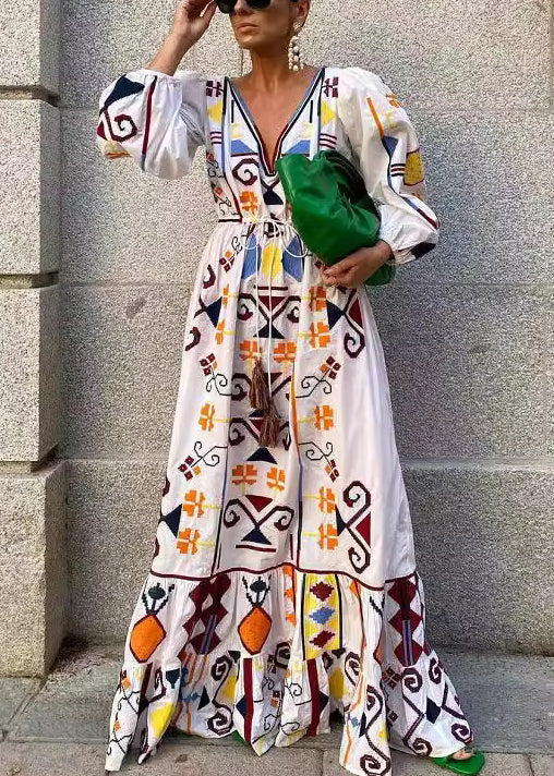 Neu Weiß V-ausschnitt Print Lace Up Baumwolle Kleider Langarm