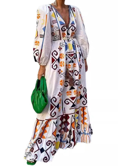 Neu Weiß V-ausschnitt Print Lace Up Baumwolle Kleider Langarm