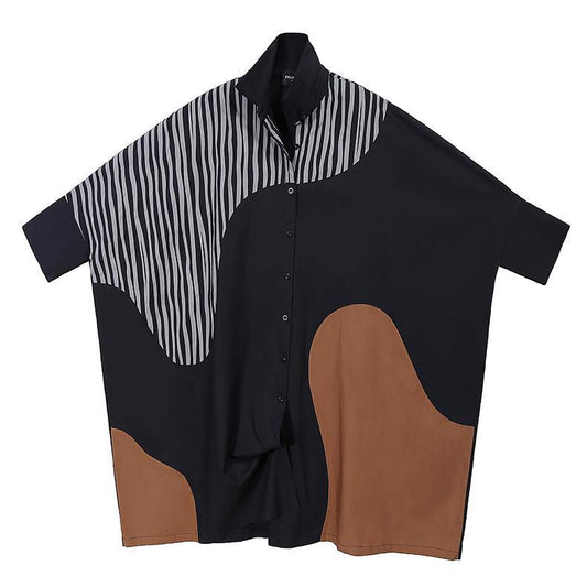 New Woman Long Batwing Sleeves Plus Size Patchwork Shirt Dress - SooLinen