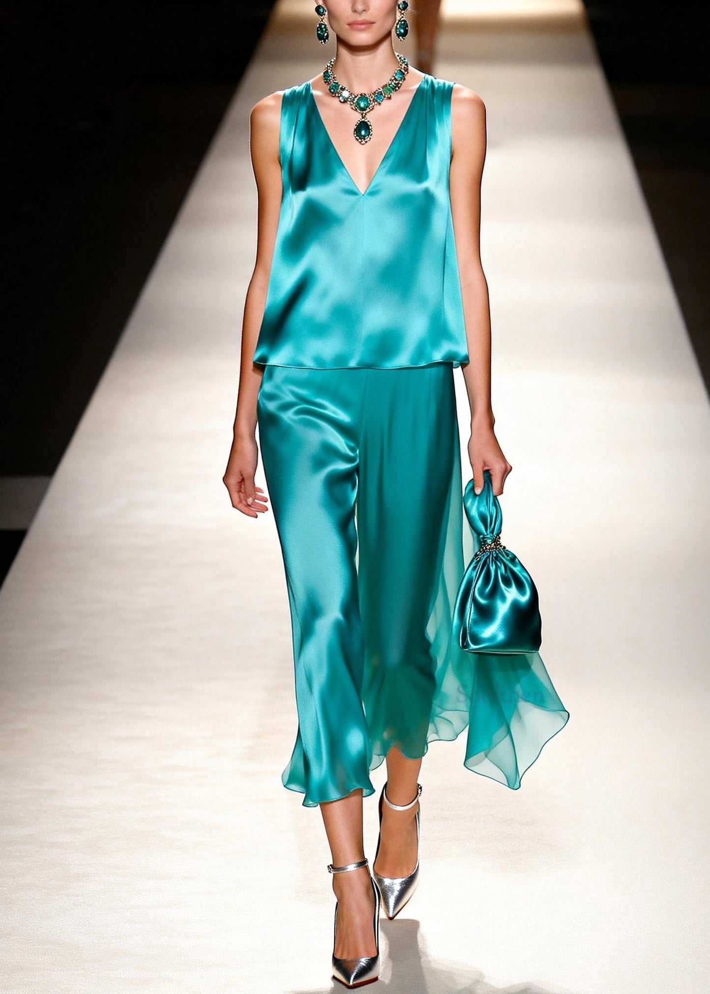 New Women V Neck Tops And Pants Silk Two Pieces Set Sleeveless