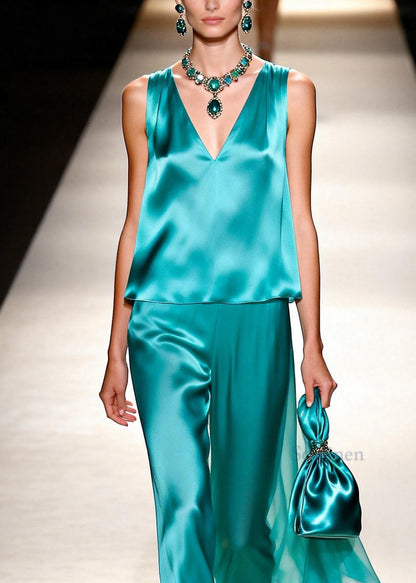 New Women V Neck Tops And Pants Silk Two Pieces Set Sleeveless