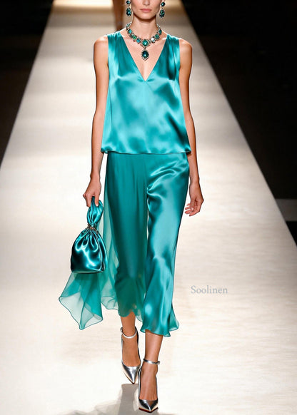 New Women V Neck Tops And Pants Silk Two Pieces Set Sleeveless