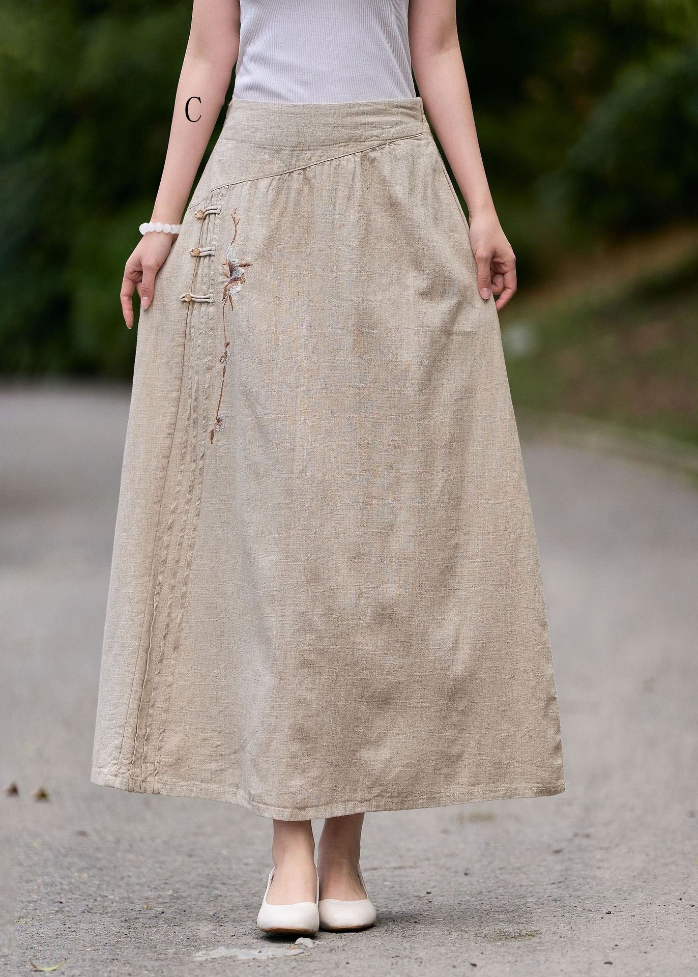 New Wrinkled Embroidered Patchwork Linen Skirt Summer