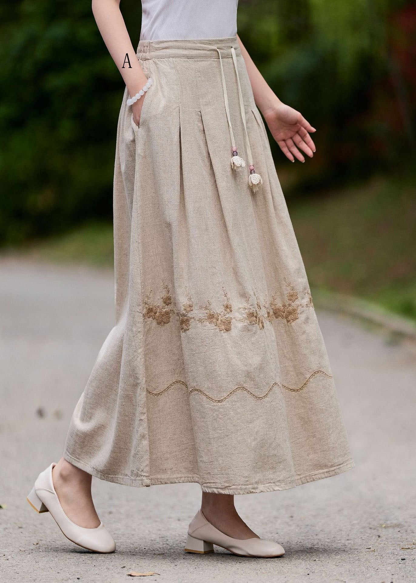 New Wrinkled Embroidered Patchwork Linen Skirt Summer