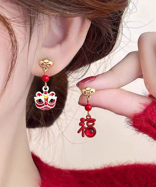 Pendientes colgantes asimétricos de aleación de cobre rojo con diseño de danza del león para Año Nuevo