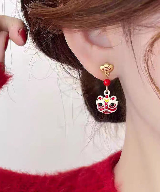 Pendientes colgantes asimétricos de aleación de cobre rojo con diseño de danza del león para Año Nuevo
