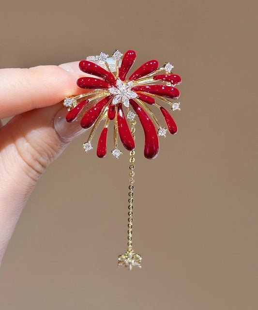 New Year Red Copper Overgild Zircon Fireworks Tassel Hairpin