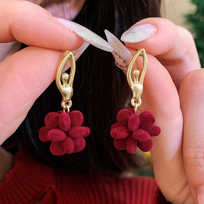 Pendientes colgantes florales flocados de aleación de plata esterlina roja de Año Nuevo