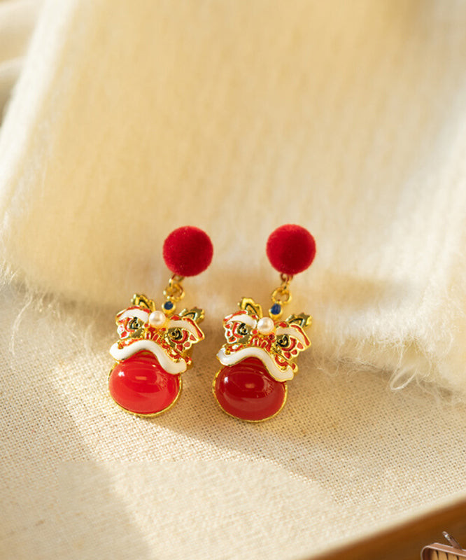 Neujahrs-Ohrhänger aus rotem Sterlingsilber mit Löwentanz-Motiv und Goldauflage