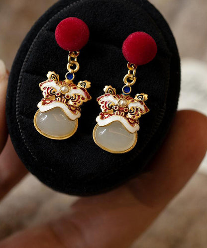 Neujahrs-Ohrhänger aus rotem Sterlingsilber mit Löwentanz-Motiv und Goldauflage