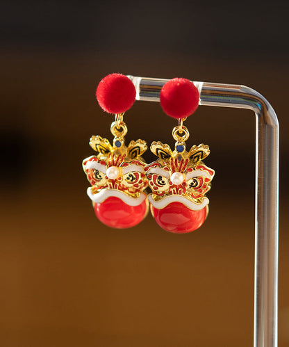 Neujahrs-Ohrhänger aus rotem Sterlingsilber mit Löwentanz-Motiv und Goldauflage