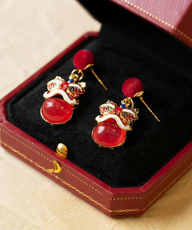 Neujahrs-Ohrhänger aus rotem Sterlingsilber mit Löwentanz-Motiv und Goldauflage