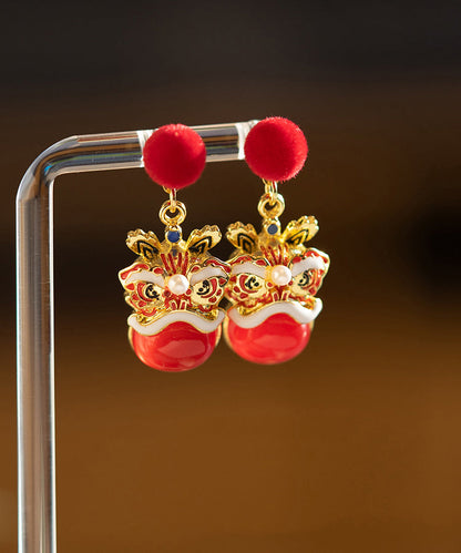 Neujahrs-Ohrhänger aus rotem Sterlingsilber mit Löwentanz-Motiv und Goldauflage