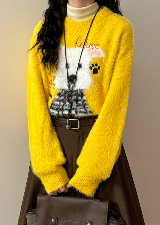 New Yellow Animal Jacquard Mink Hair Knitted Sweater Spring