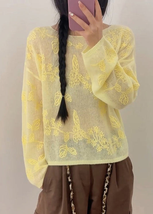 New Yellow Embroidered Thin Knit Sweaters Fall