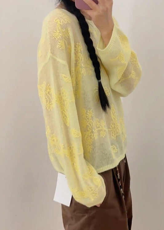 New Yellow Embroidered Thin Knit Sweaters Fall
