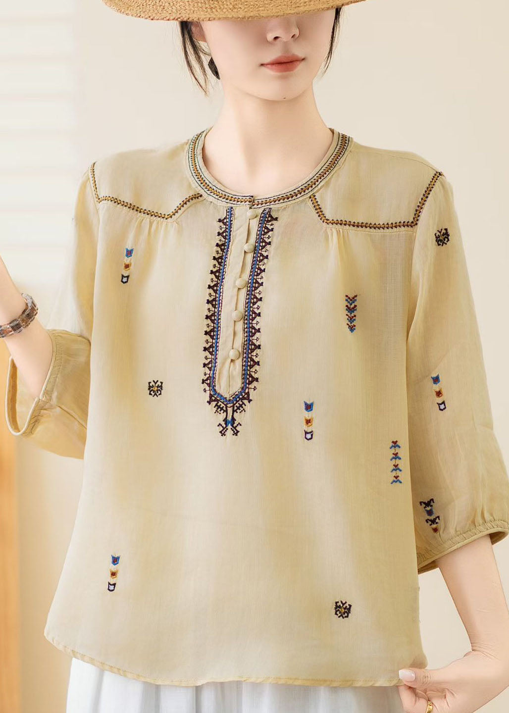 New Yellow O Neck Embroidered Linen Top Bracelet Sleeve