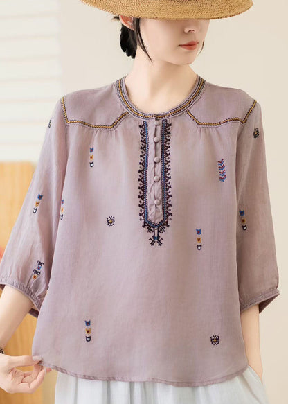 New Yellow O Neck Embroidered Linen Top Bracelet Sleeve