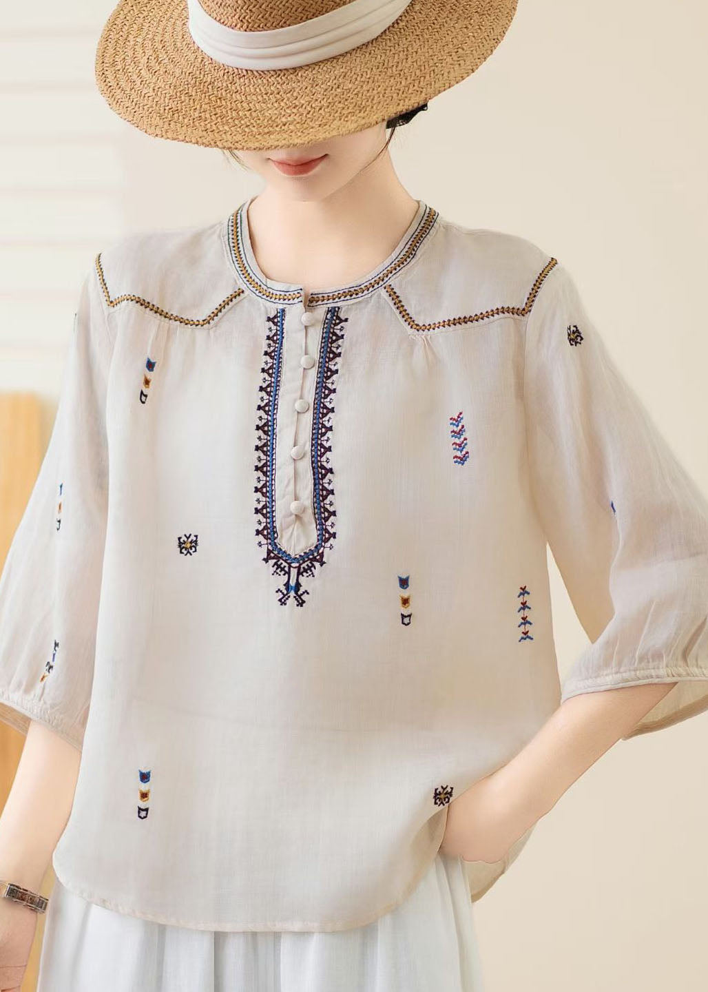 New Yellow O Neck Embroidered Linen Top Bracelet Sleeve