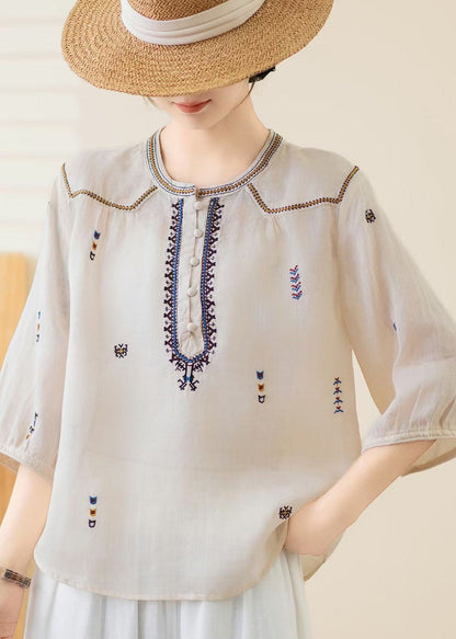 New Yellow O Neck Embroidered Linen Top Bracelet Sleeve