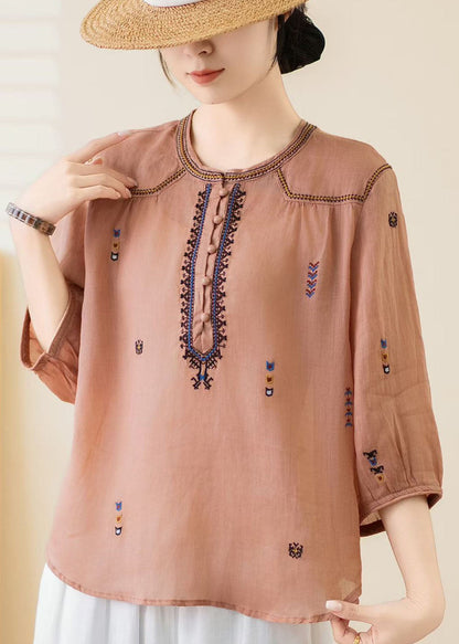 New Yellow O Neck Embroidered Linen Top Bracelet Sleeve