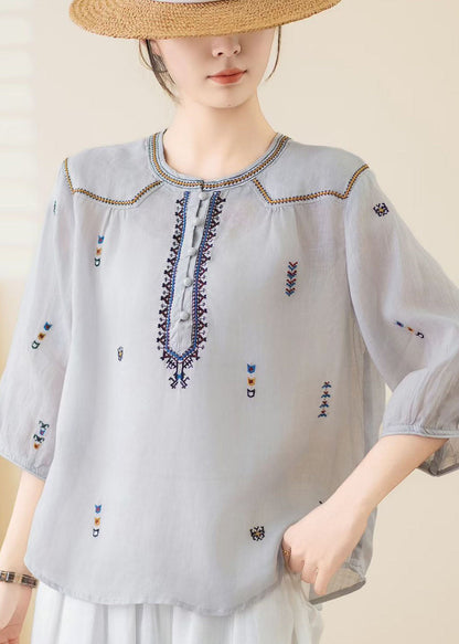 New Yellow O Neck Embroidered Linen Top Bracelet Sleeve
