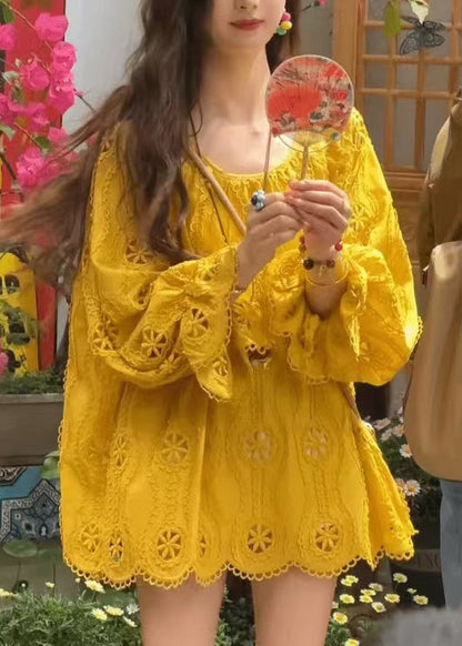 New Yellow O Neck Hollow Out Lace Shirt Top Long Sleeve