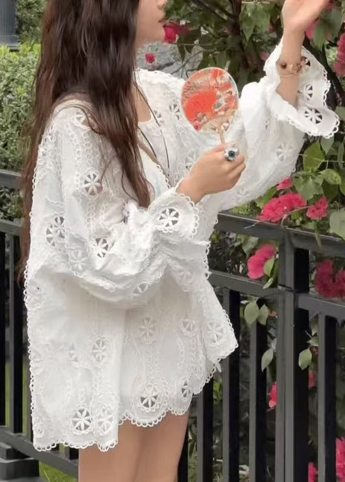 New Yellow O Neck Hollow Out Lace Shirt Top Long Sleeve