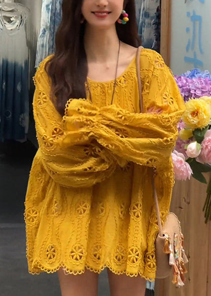 New Yellow O Neck Hollow Out Lace Shirt Top Long Sleeve