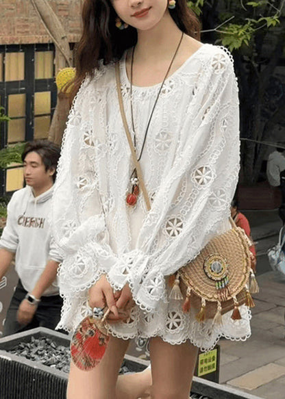 New Yellow O Neck Hollow Out Lace Shirt Top Long Sleeve