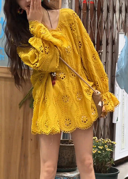 New Yellow O Neck Hollow Out Lace Shirt Top Long Sleeve
