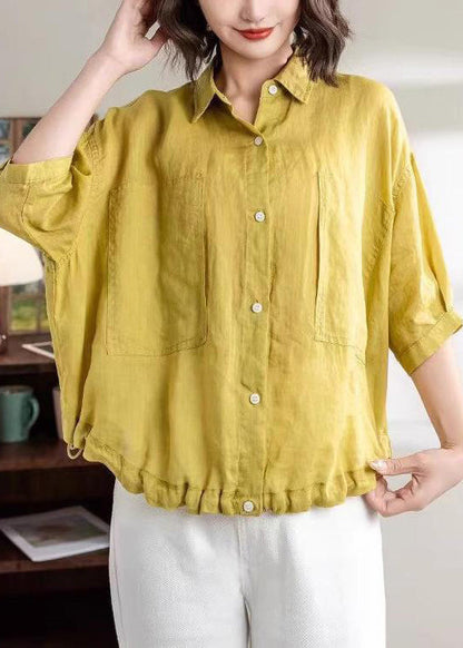 New Yellow Peter Pan Collar Button Drawstring Linen Shirts Half Sleeve