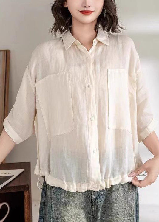 New Yellow Peter Pan Collar Button Drawstring Linen Shirts Half Sleeve