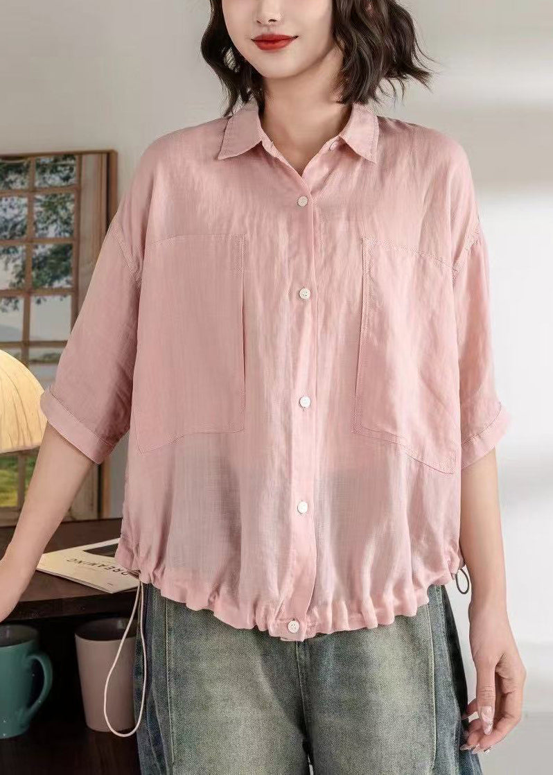 New Yellow Peter Pan Collar Button Drawstring Linen Shirts Half Sleeve