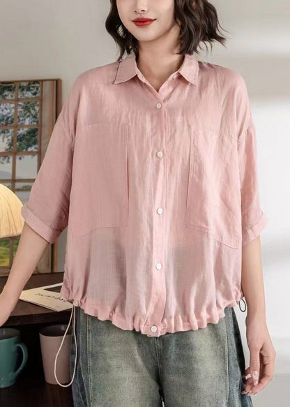 New Yellow Peter Pan Collar Button Drawstring Linen Shirts Half Sleeve