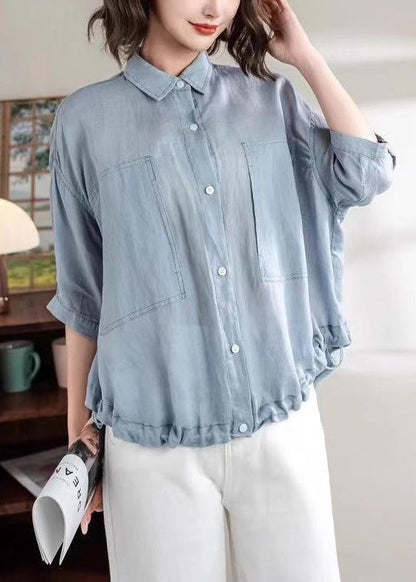 New Yellow Peter Pan Collar Button Drawstring Linen Shirts Half Sleeve