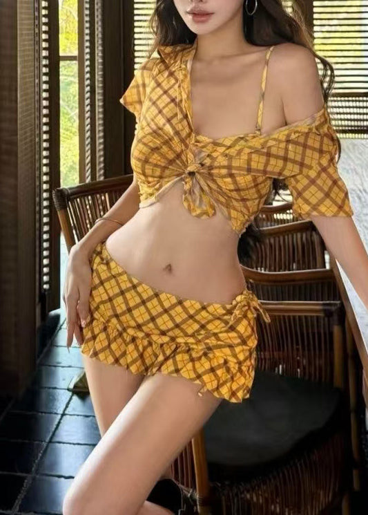 New Yellow Plaid Swimwear Two Piece Set Women Clothing