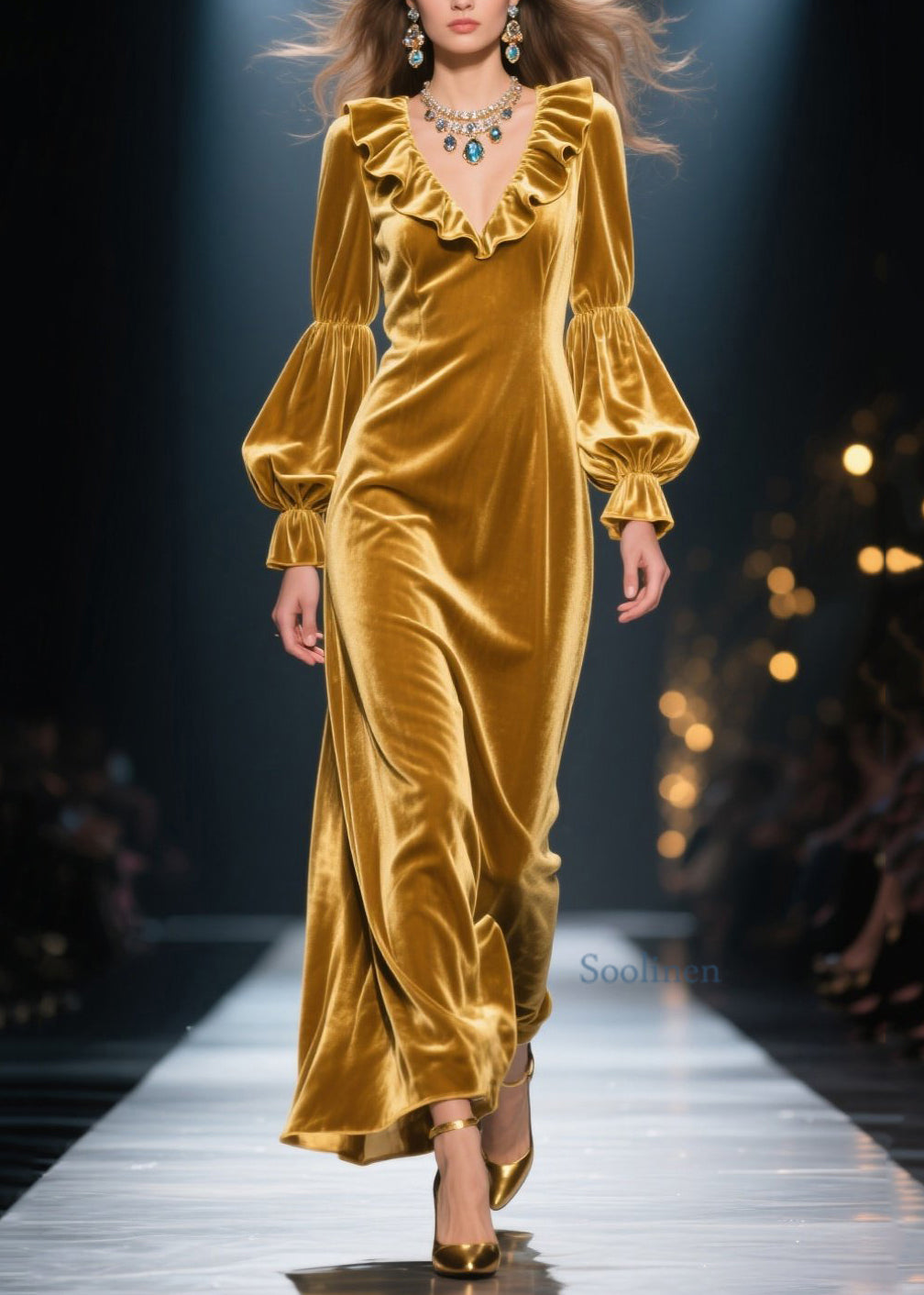 Neue gelbe Maxikleider aus Samt mit Rüschen und Patchwork-Design für den Frühling