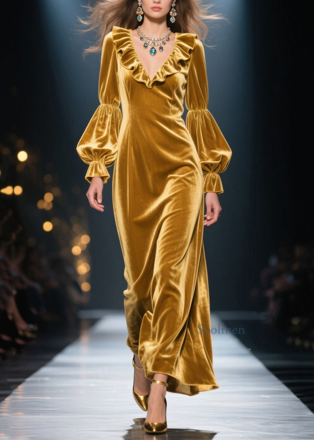 Neue gelbe Maxikleider aus Samt mit Rüschen und Patchwork-Design für den Frühling