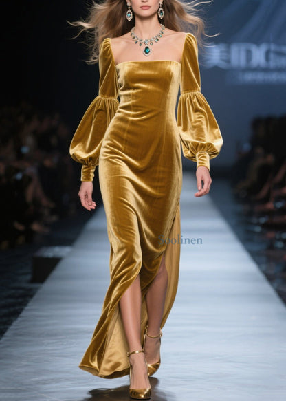 Nuevos vestidos largos de terciopelo con cuello cuadrado amarillo y abertura lateral para primavera