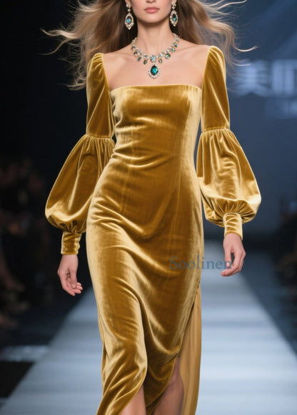 Nuevos vestidos largos de terciopelo con cuello cuadrado amarillo y abertura lateral para primavera