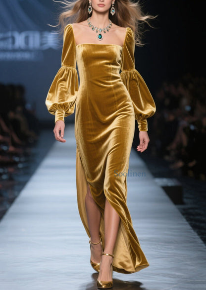 Nuevos vestidos largos de terciopelo con cuello cuadrado amarillo y abertura lateral para primavera