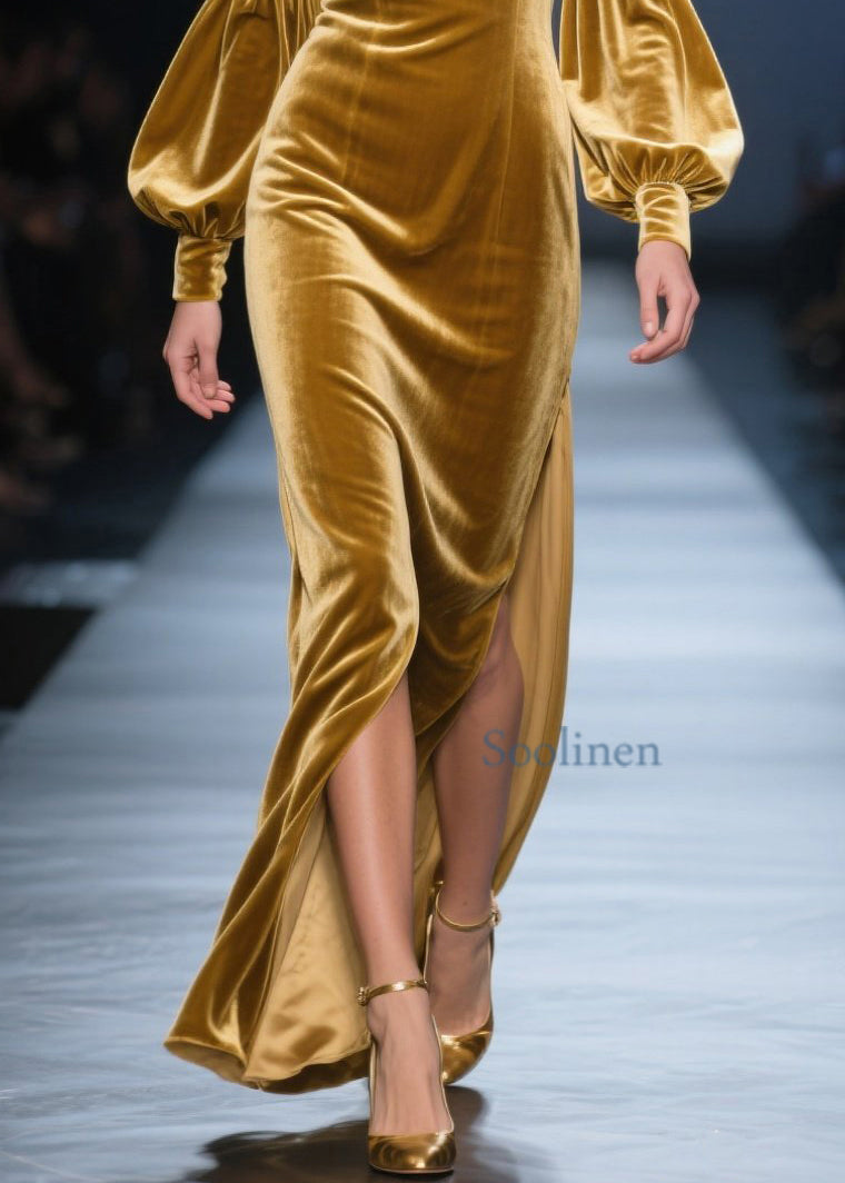 Nuevos vestidos largos de terciopelo con cuello cuadrado amarillo y abertura lateral para primavera