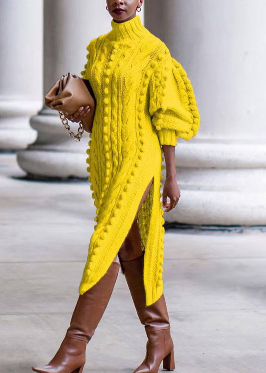 Neuer gelber Rollkragenpullover mit seitlicher Öffnung, Zopfstrick, langes Kleid mit Armbandärmeln