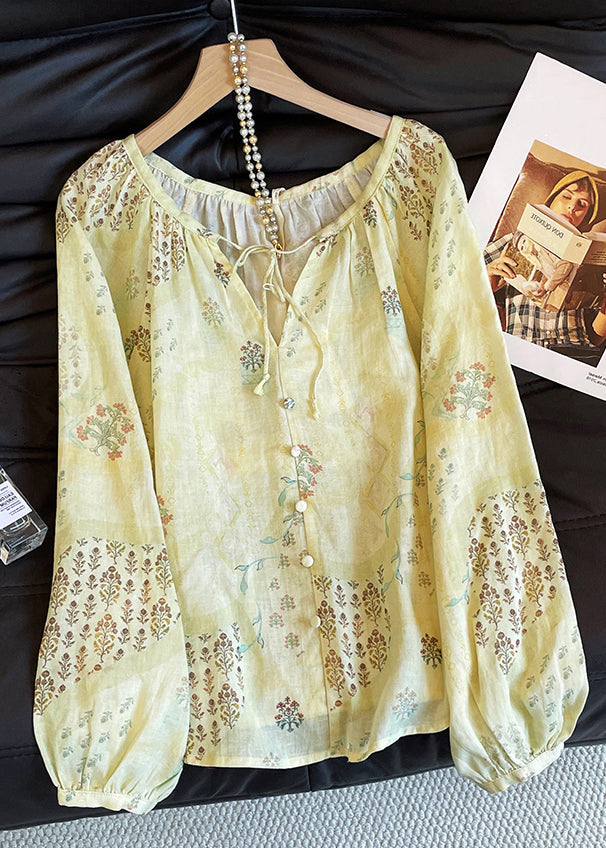 New Yellow V Neck Print Lace Up Cotton Blouse Tops Fall